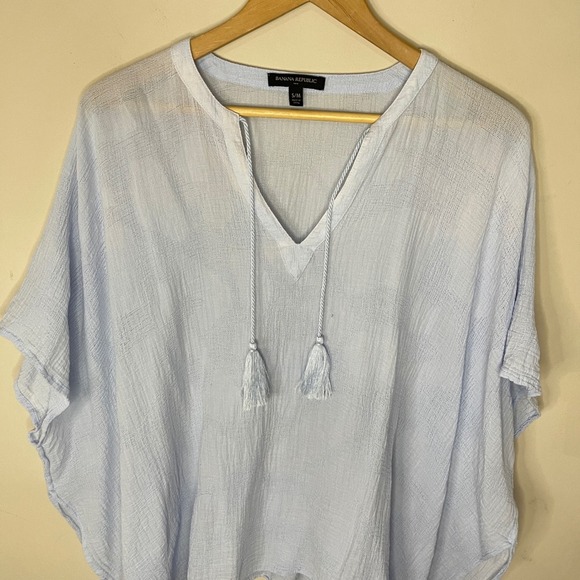 BANANA REPUBLIC Light Blue Gauzy Cotton Poncho Style Tasseled Top - Picture 2 of 8